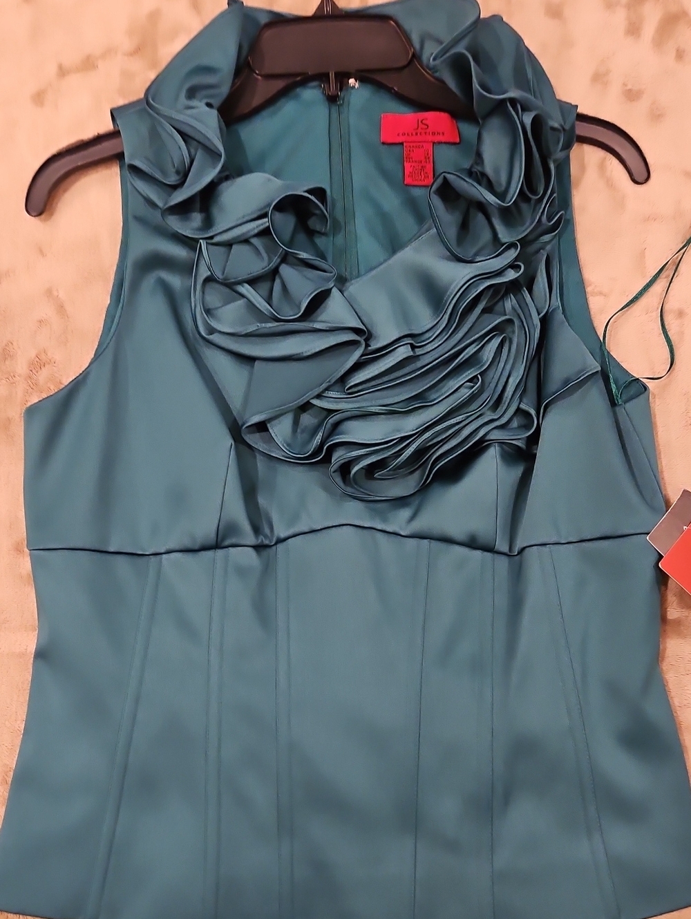 JS Collections Deep Green Ruffle Collar Sleeveless Blouse